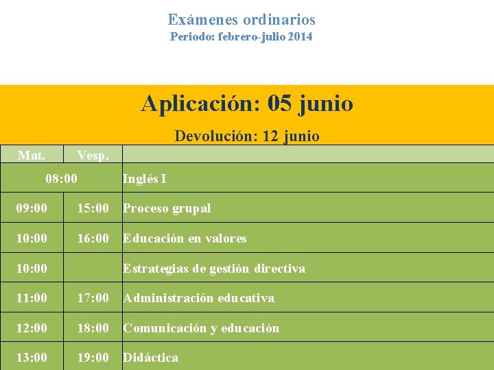 Exámenes ordinarios Periodo: febrero-julio 2014 Aplicación: 05 junio Devolución: 12 junio Mat. Vesp. 08: