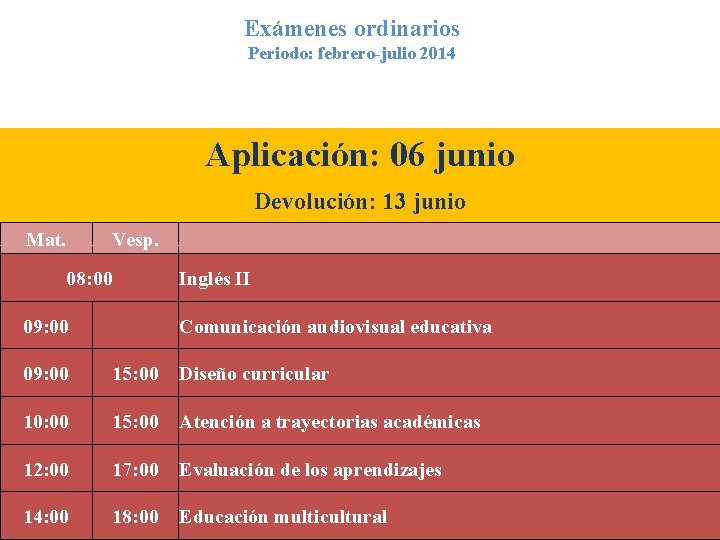 Exámenes ordinarios Periodo: febrero-julio 2014 Aplicación: 06 junio Devolución: 13 junio Mat. Vesp. 08: