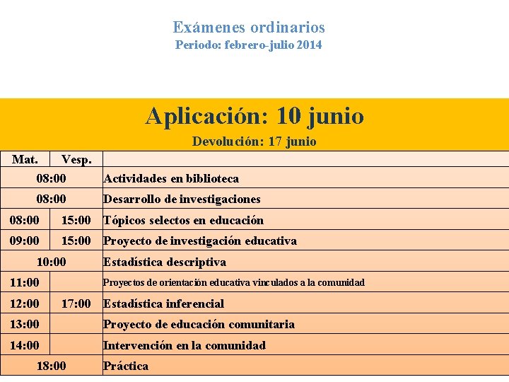 Exámenes ordinarios Periodo: febrero-julio 2014 Aplicación: 10 junio Devolución: 17 junio Mat. Vesp. 08: