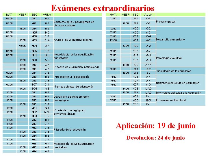 MAT. VESP 08: 00 Exámenes extraordinarios SEC AULA MAT. 201 B-1 11: 00 402