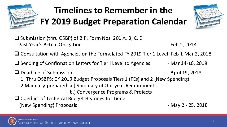 Timelines to Remember in the FY 2019 Budget Preparation Calendar q Submission (thru OSBP)