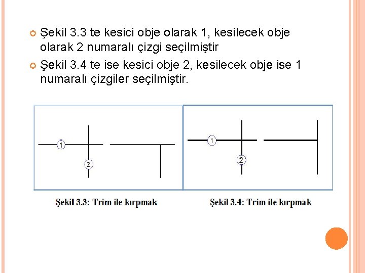 Şekil 3. 3 te kesici obje olarak 1, kesilecek obje olarak 2 numaralı çizgi