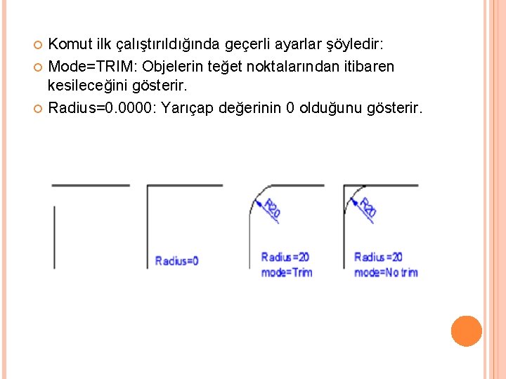  Komut ilk çalıştırıldığında geçerli ayarlar şöyledir: Mode=TRIM: Objelerin teğet noktalarından itibaren kesileceğini gösterir.