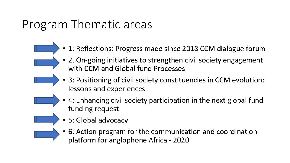 Program Thematic areas • 1: Reflections: Progress made since 2018 CCM dialogue forum •