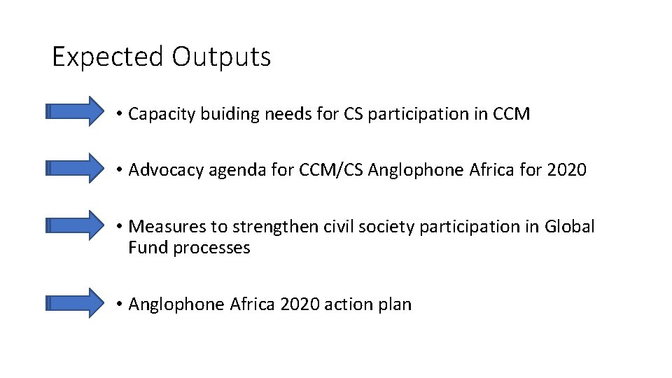 Expected Outputs • Capacity buiding needs for CS participation in CCM • Advocacy agenda