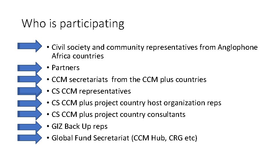 Who is participating • Civil society and community representatives from Anglophone Africa countries •