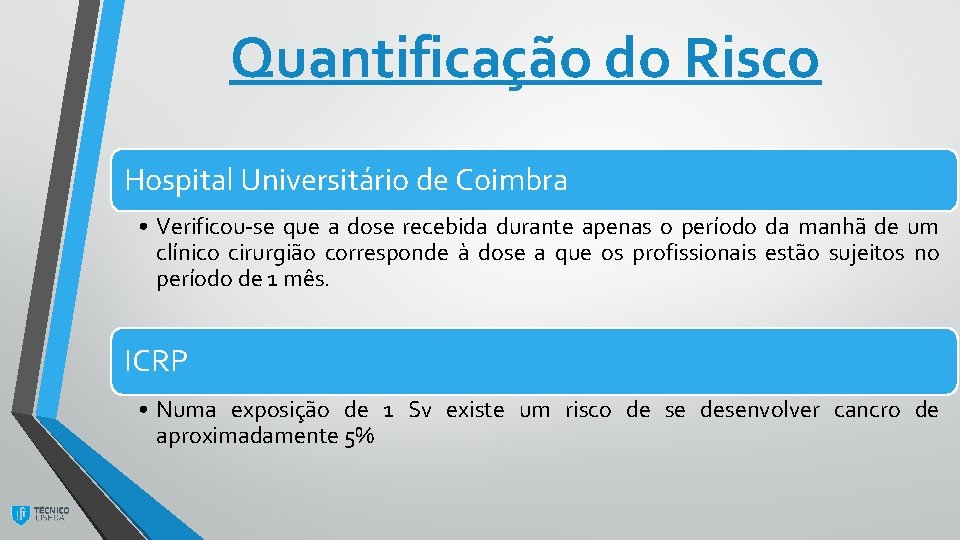 Quantificação do Risco Hospital Universitário de Coimbra • Verificou-se que a dose recebida durante