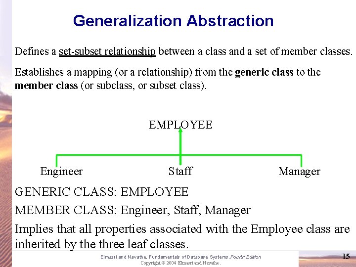 Generalization Abstraction Defines a set-subset relationship between a class and a set of member