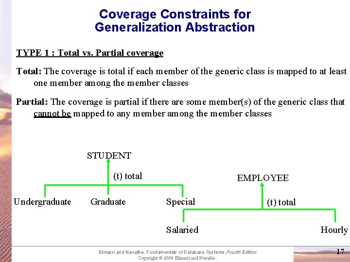 Coverage Constraints for Generalization Abstraction TYPE 1 : Total vs. Partial coverage Total: The