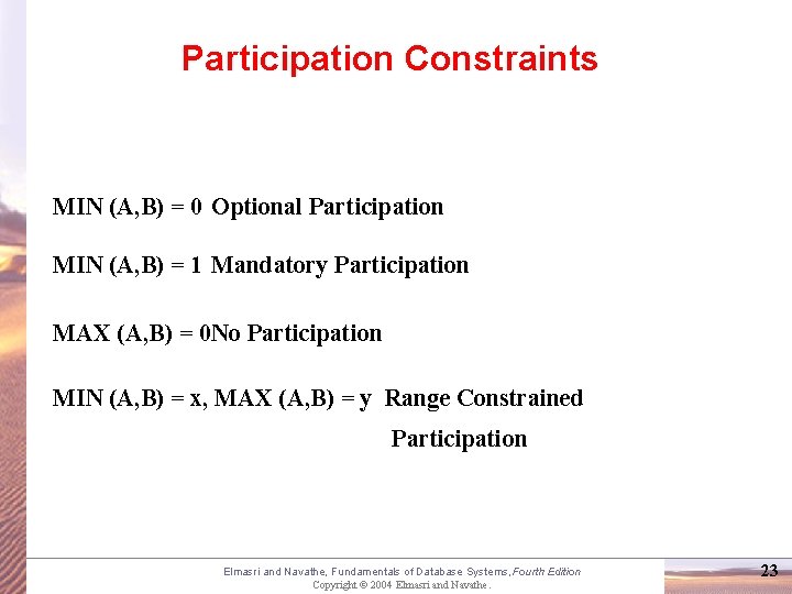 Participation Constraints MIN (A, B) = 0 Optional Participation MIN (A, B) = 1