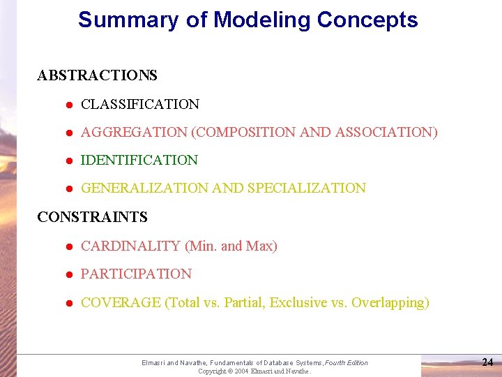 Summary of Modeling Concepts ABSTRACTIONS l CLASSIFICATION l AGGREGATION (COMPOSITION AND ASSOCIATION) l IDENTIFICATION