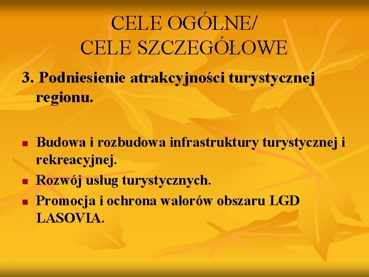 CELE OGÓLNE/ CELE SZCZEGÓŁOWE 3. Podniesienie atrakcyjności turystycznej regionu. n n n Budowa i