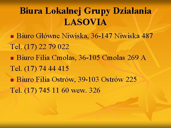 Biura Lokalnej Grupy Działania LASOVIA Biuro Główne Niwiska, 36 -147 Niwiska 487 Tel. (17)
