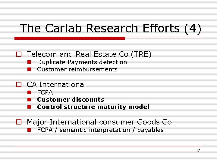 The Carlab Research Efforts (4) o Telecom and Real Estate Co (TRE) n Duplicate