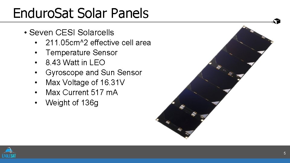 Enduro. Sat Solar Panels • Seven CESI Solarcells • • 211. 05 cm^2 effective