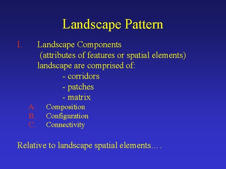 Landscape Pattern I. Landscape Components (attributes of features or spatial elements) landscape are comprised