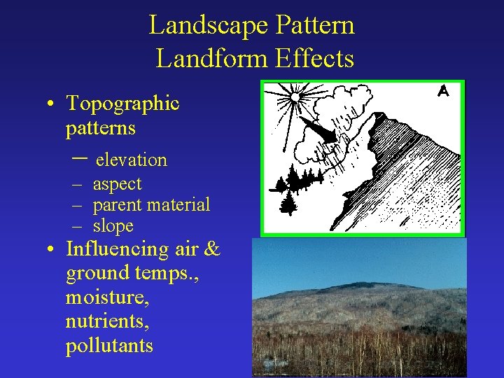 Landscape Pattern Landform Effects • Topographic patterns – elevation – aspect – parent material