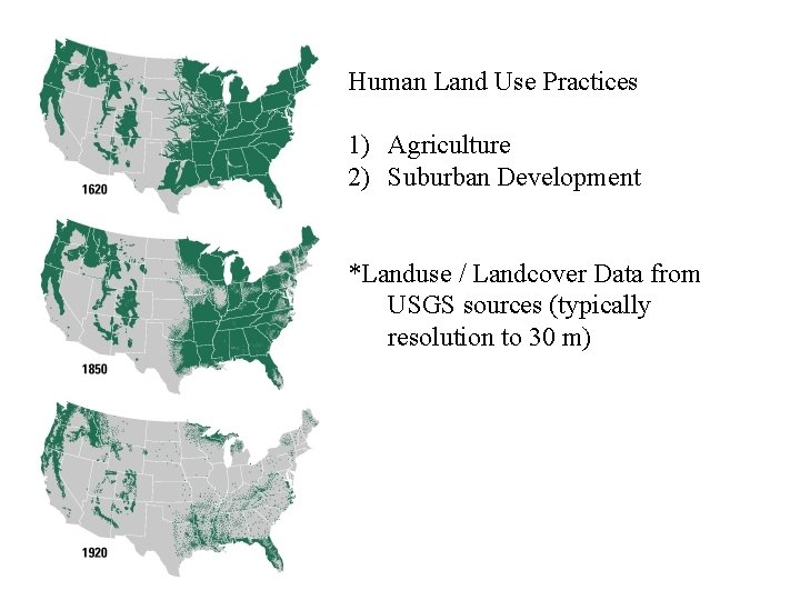 Human Land Use Practices 1) Agriculture 2) Suburban Development *Landuse / Landcover Data from