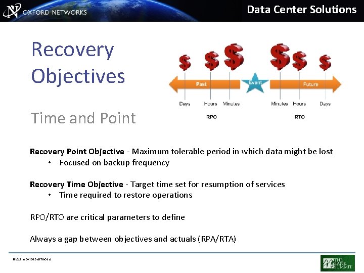 Data Center Solutions Recovery Objectives Time and Point Recovery Point Objective - Maximum tolerable