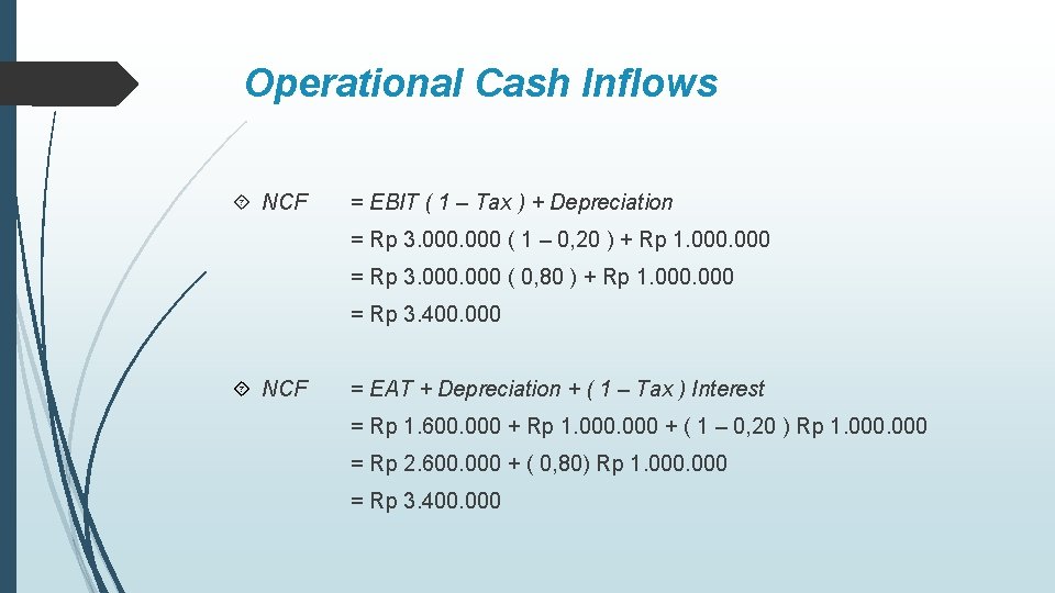 Operational Cash Inflows NCF = EBIT ( 1 – Tax ) + Depreciation =