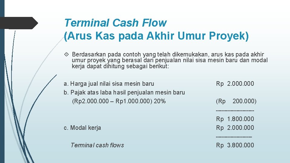 Terminal Cash Flow (Arus Kas pada Akhir Umur Proyek) Berdasarkan pada contoh yang telah