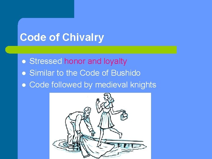 Code of Chivalry l l l Stressed honor and loyalty Similar to the Code