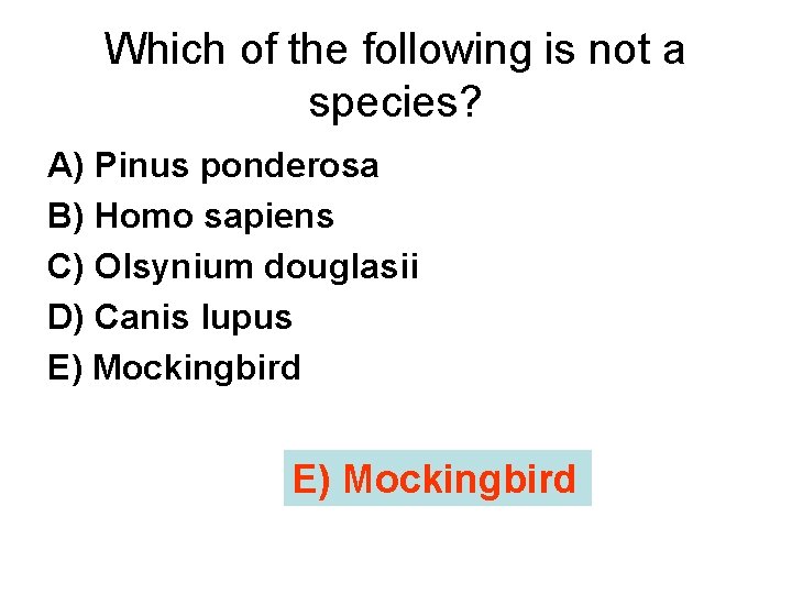 Which of the following is not a species? A) Pinus ponderosa B) Homo sapiens