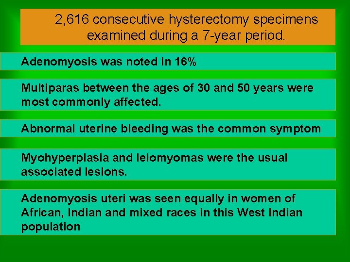 2, 616 consecutive hysterectomy specimens examined during a 7 -year period. Adenomyosis was noted