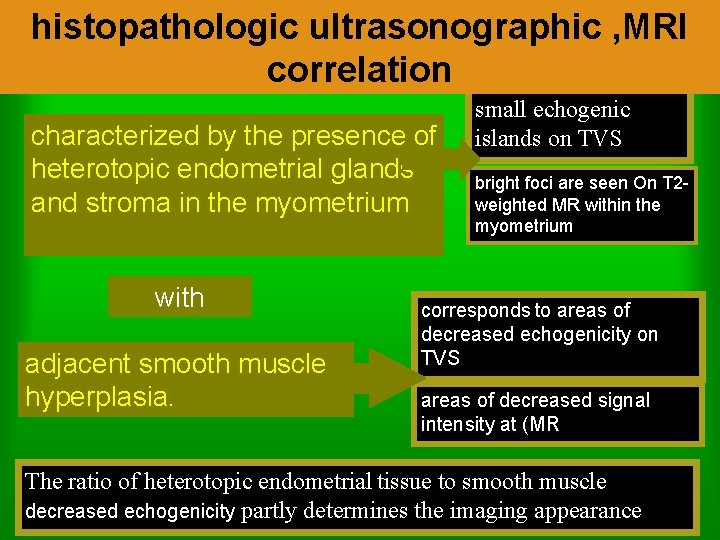 histopathologic ultrasonographic , MRI correlation characterized by the presence of heterotopic endometrial glands and