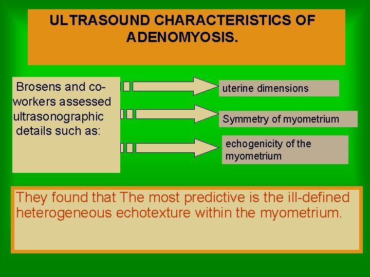 ULTRASOUND CHARACTERISTICS OF ADENOMYOSIS. Brosens and coworkers assessed ultrasonographic details such as: uterine dimensions