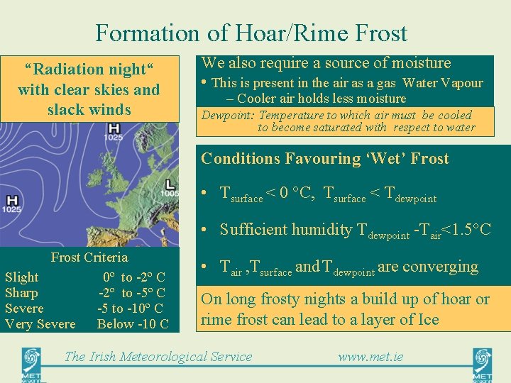 Formation of Hoar/Rime Frost “Radiation night“ with clear skies and slack winds We also