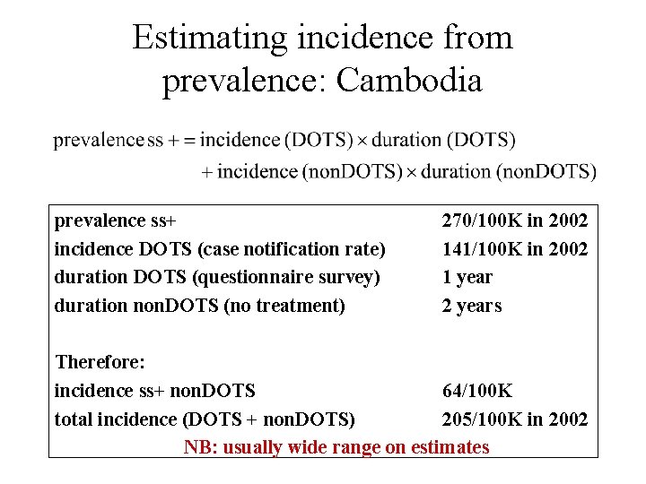 Estimating incidence from prevalence: Cambodia prevalence ss+ incidence DOTS (case notification rate) duration DOTS