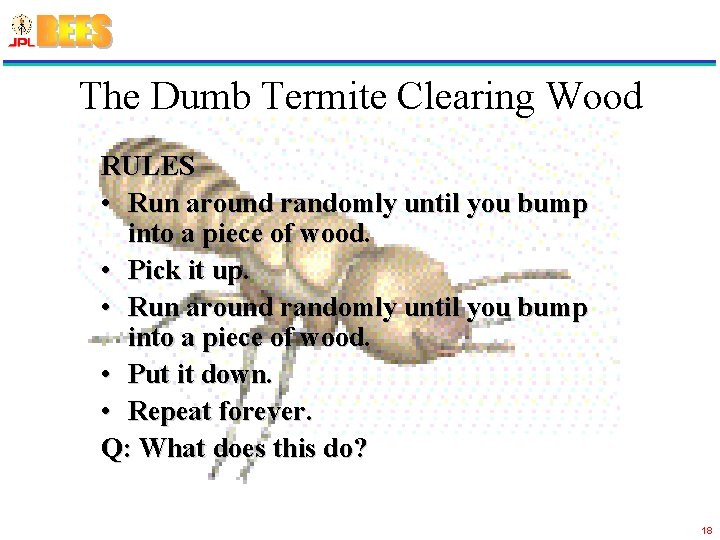 The Dumb Termite Clearing Wood RULES • Run around randomly until you bump into