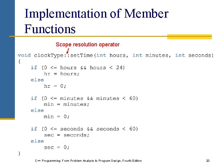 Implementation of Member Functions Scope resolution operator C++ Programming: From Problem Analysis to Program