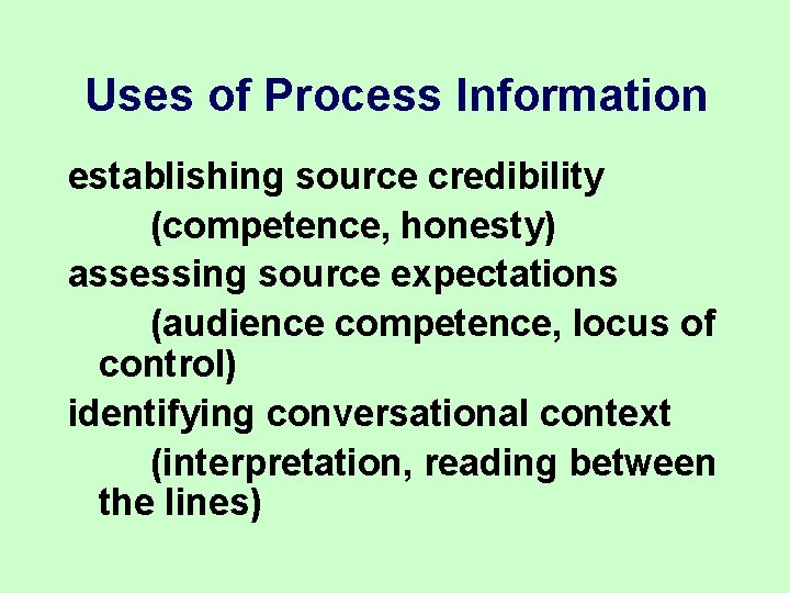 Uses of Process Information establishing source credibility (competence, honesty) assessing source expectations (audience competence, Uses of Process Information establishing source credibility (competence, honesty) assessing source expectations (audience competence,