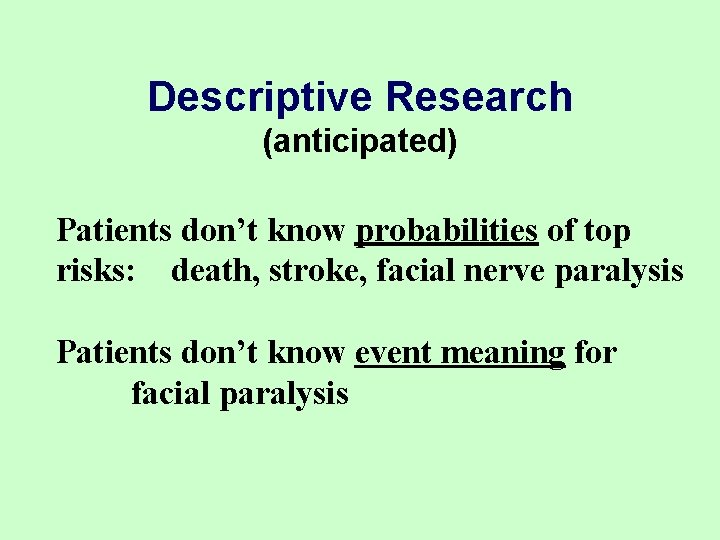 Descriptive Research (anticipated) Patients don’t know probabilities of top risks: death, stroke, facial nerve Descriptive Research (anticipated) Patients don’t know probabilities of top risks: death, stroke, facial nerve