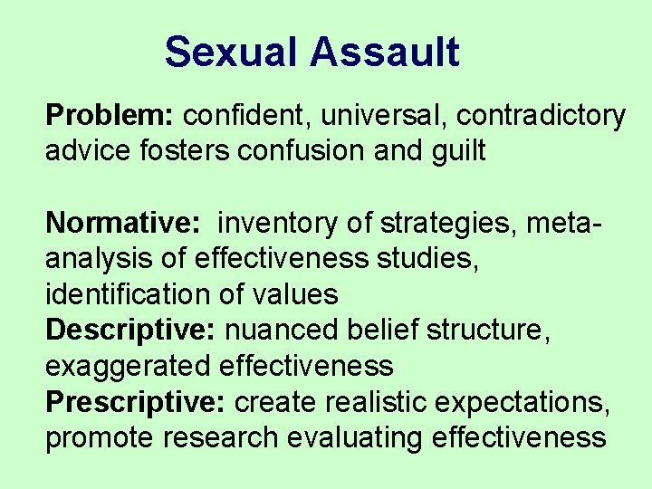 Sexual Assault Problem: confident, universal, contradictory advice fosters confusion and guilt Normative: inventory of Sexual Assault Problem: confident, universal, contradictory advice fosters confusion and guilt Normative: inventory of