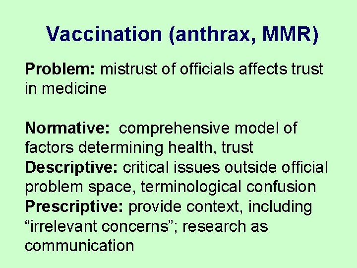Vaccination (anthrax, MMR) Problem: mistrust of officials affects trust in medicine Normative: comprehensive model Vaccination (anthrax, MMR) Problem: mistrust of officials affects trust in medicine Normative: comprehensive model