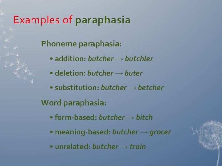 Examples of paraphasia Phoneme paraphasia: • addition: butcher → butchler • deletion: butcher → Examples of paraphasia Phoneme paraphasia: • addition: butcher → butchler • deletion: butcher →