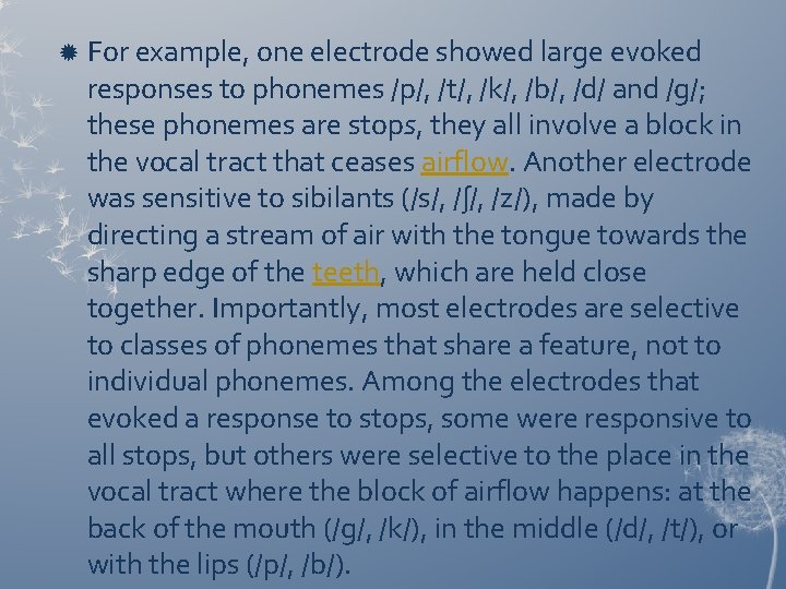 For example, one electrode showed large evoked responses to phonemes /p/, /t/, /k/, For example, one electrode showed large evoked responses to phonemes /p/, /t/, /k/,