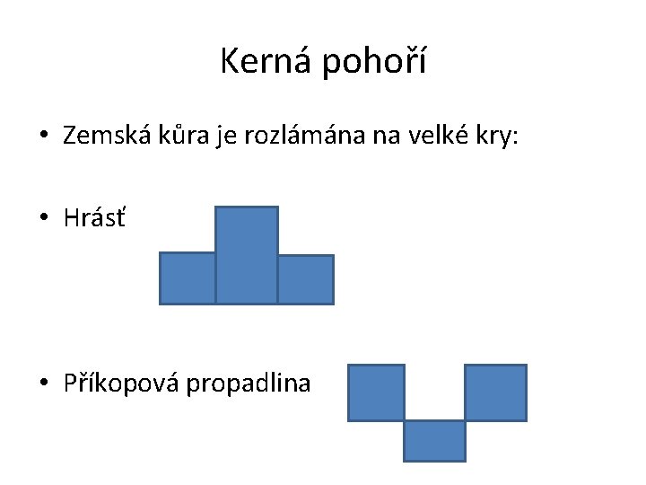 Kerná pohoří • Zemská kůra je rozlámána na velké kry: • Hrásť • Příkopová