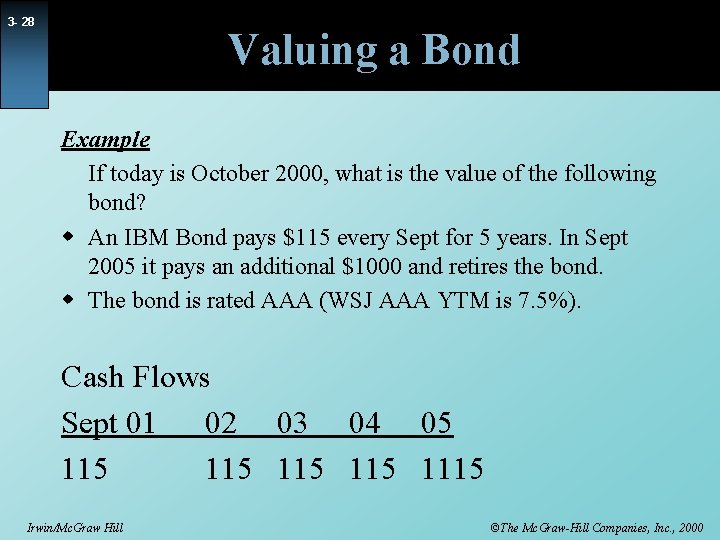 3 - 28 Valuing a Bond Example If today is October 2000, what is