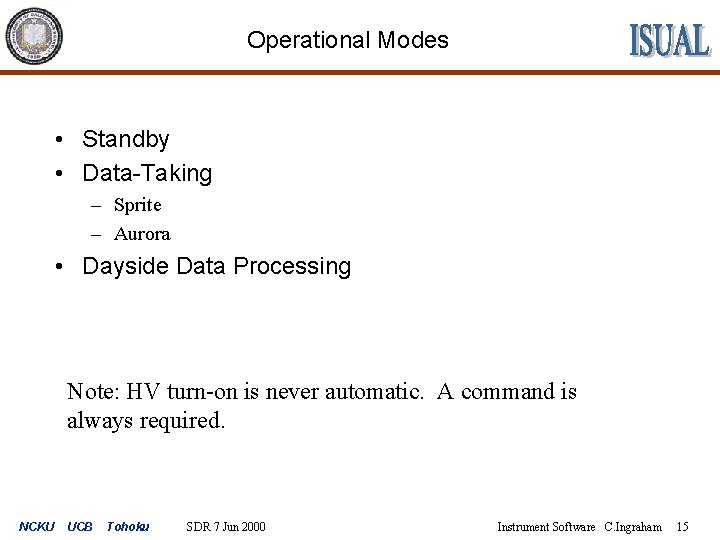 Operational Modes • Standby • Data-Taking – Sprite – Aurora • Dayside Data Processing