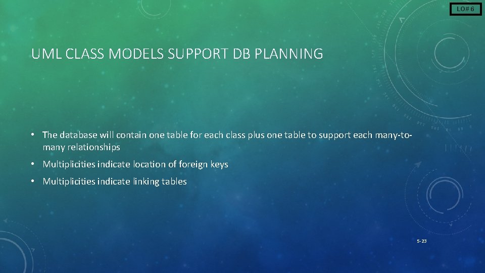LO# 6 UML CLASS MODELS SUPPORT DB PLANNING • The database will contain one