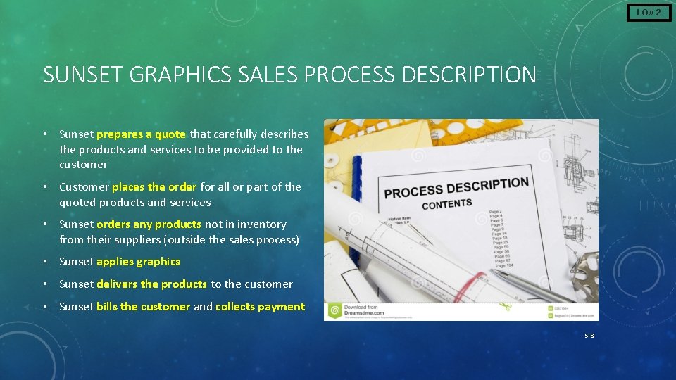 LO# 2 SUNSET GRAPHICS SALES PROCESS DESCRIPTION • Sunset prepares a quote that carefully