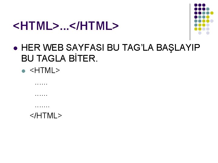 <HTML>. . . </HTML> l HER WEB SAYFASI BU TAG’LA BAŞLAYIP BU TAGLA BİTER.