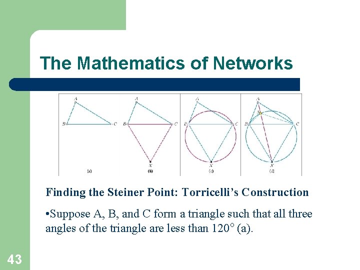 The Mathematics of Networks Finding the Steiner Point: Torricelli’s Construction • Suppose A, B,