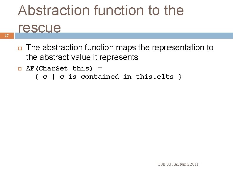17 Abstraction function to the rescue The abstraction function maps the representation to the 17 Abstraction function to the rescue The abstraction function maps the representation to the