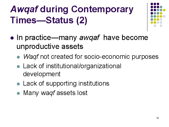 Awqaf during Contemporary Times—Status (2) l In practice—many awqaf have become unproductive assets l