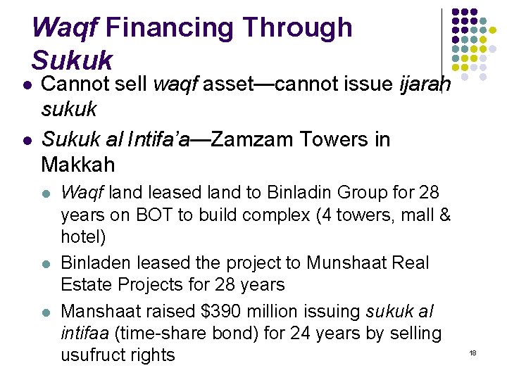 Waqf Financing Through Sukuk l l Cannot sell waqf asset—cannot issue ijarah sukuk Sukuk